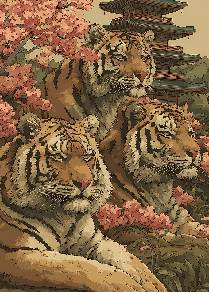 Three Tigers in a Japanese Pagoda