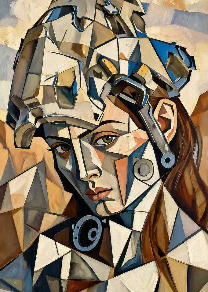 Cubist Portrait of a Woman in Futuristic Helmet