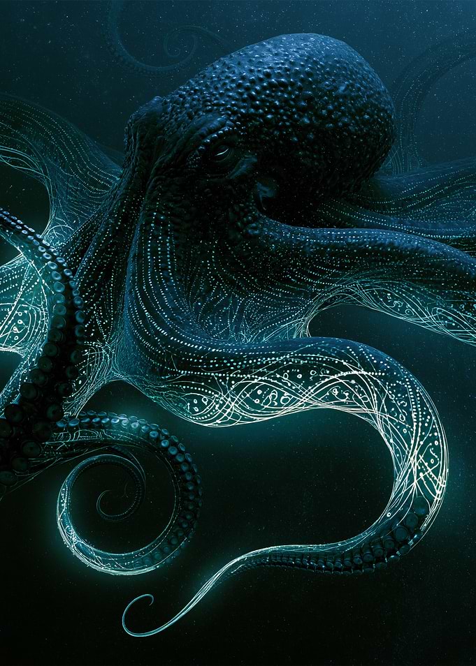 Glowing Octopus in Deep Sea