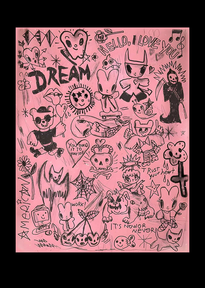 Doodle Art Collage on Pink Background