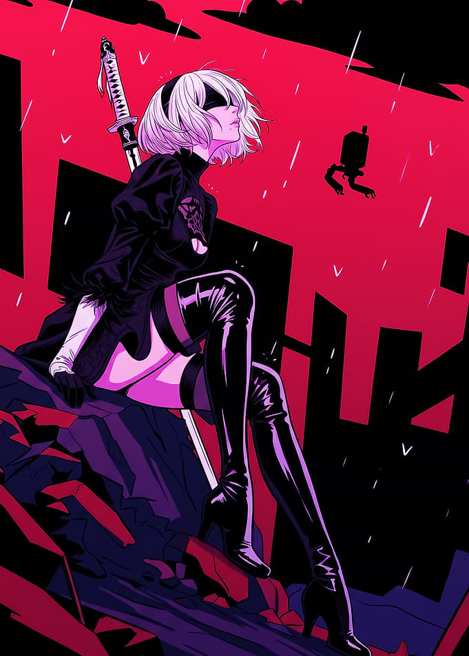 2B in a Rainy Cityscape