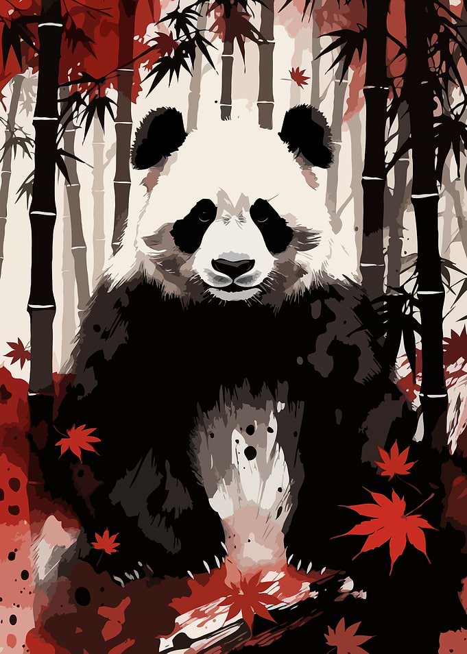 Panda in Bamboo Forest with Red Leaves