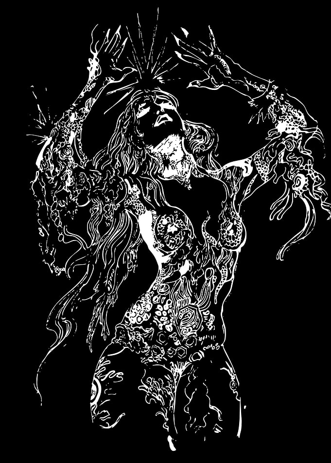 Tattooed Woman with Raised Arms