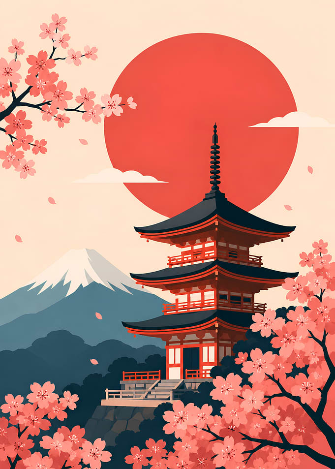 Japanese Pagoda with Mount Fuji and Cherry Blossoms