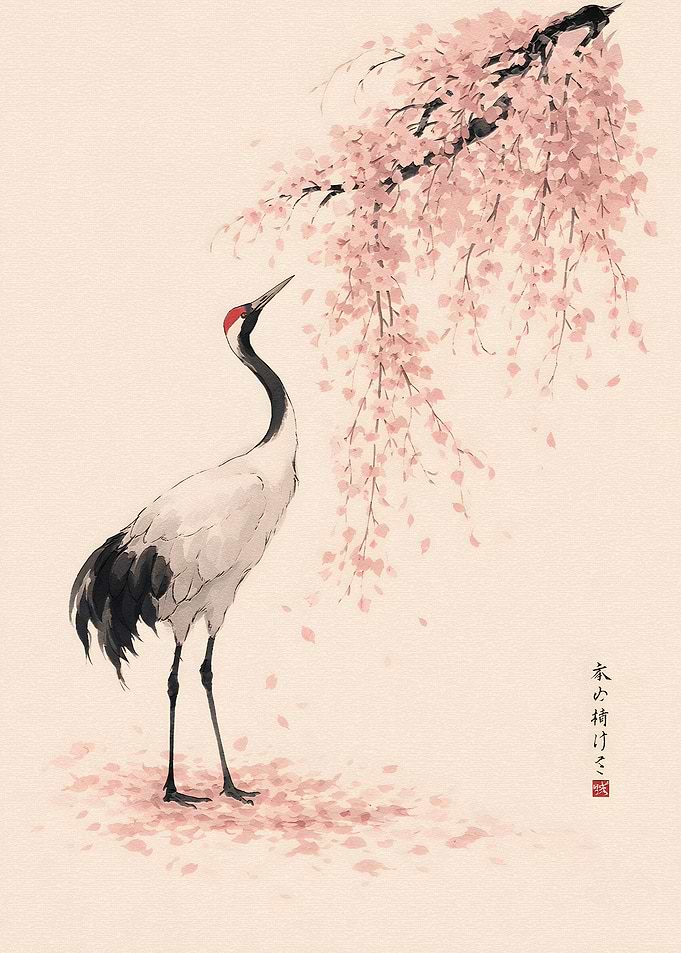 Crane Under Cherry Blossoms