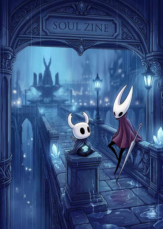 Hollow Knight Characters in Rainy City