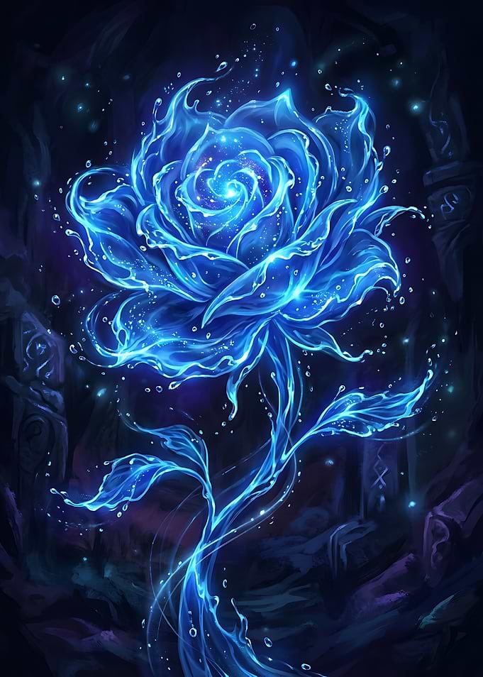Enchanted Blue Water Rose Fantasy Poster Magical Water Flower Wall Art
