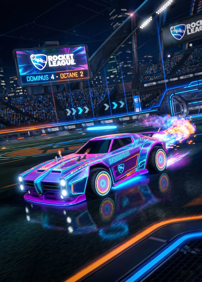 A neon lit Dominus Rocket League Dominus Car