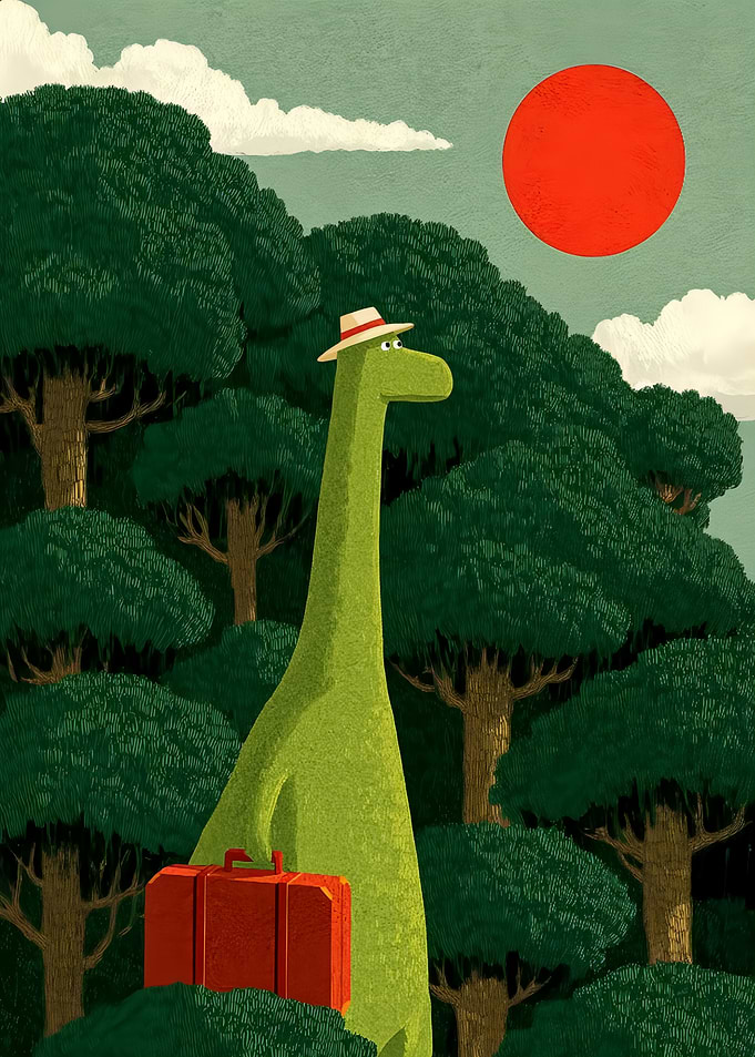Dinosaur with Suitcase in Forest