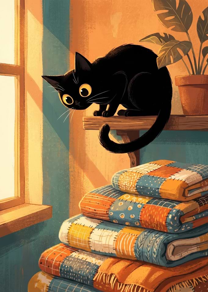 Black Cat on Shelf Over Quilts