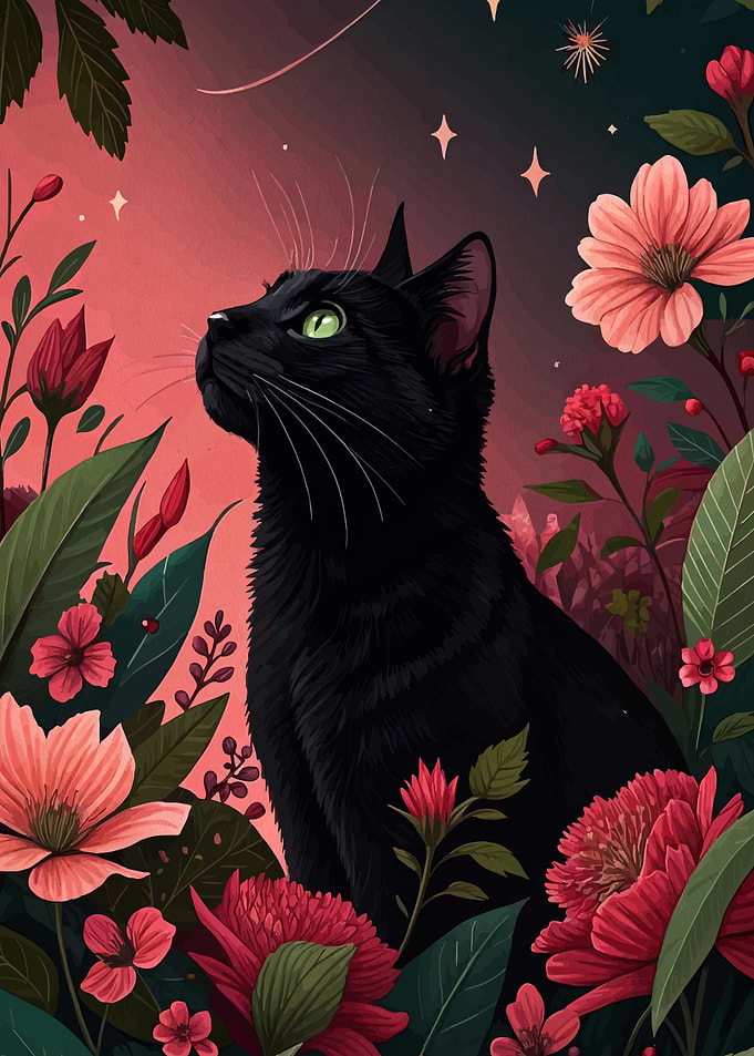 Black Cat Among Flowers