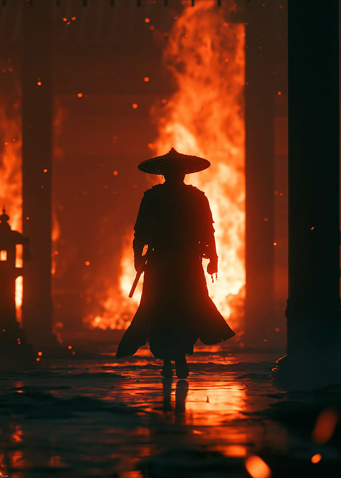 Samurai in Burning Temple