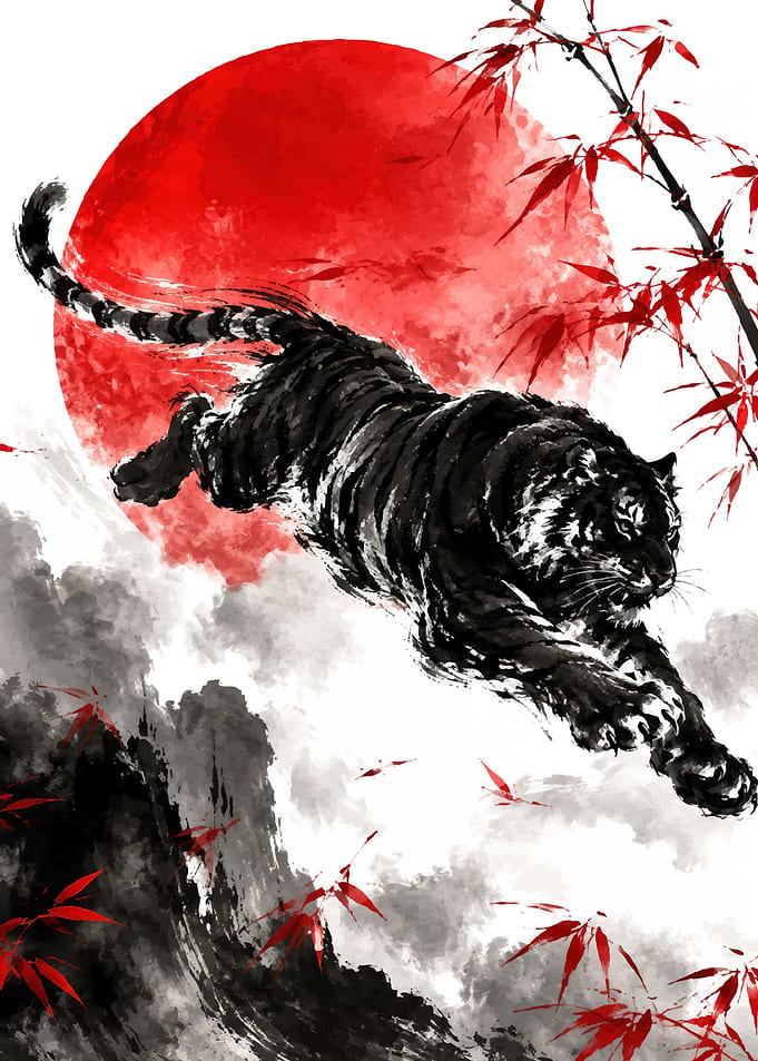 Tiger Leaping in Front of Red Sun