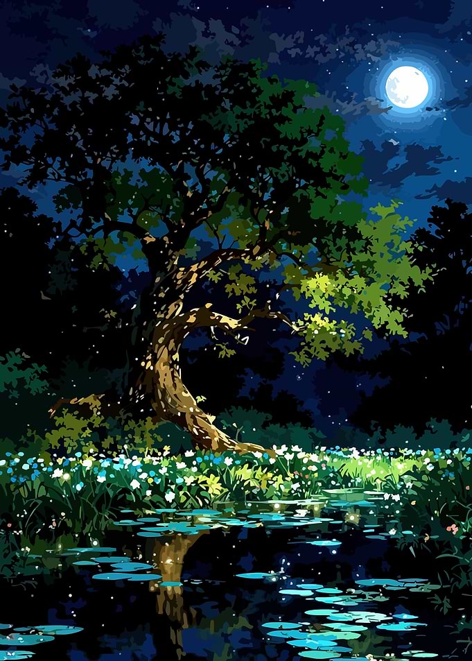 Enchanted Moonlit Forest Pond