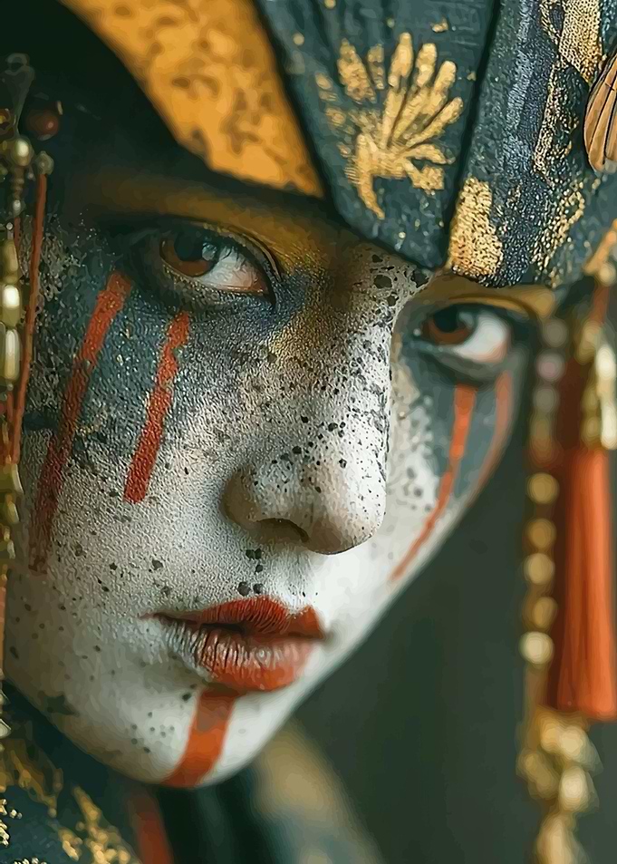 Close-up of a woman with elaborate face paint