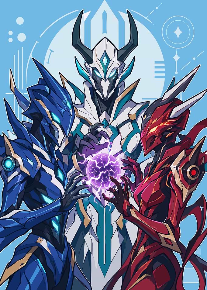 Warframe Three armored figures with energy orb