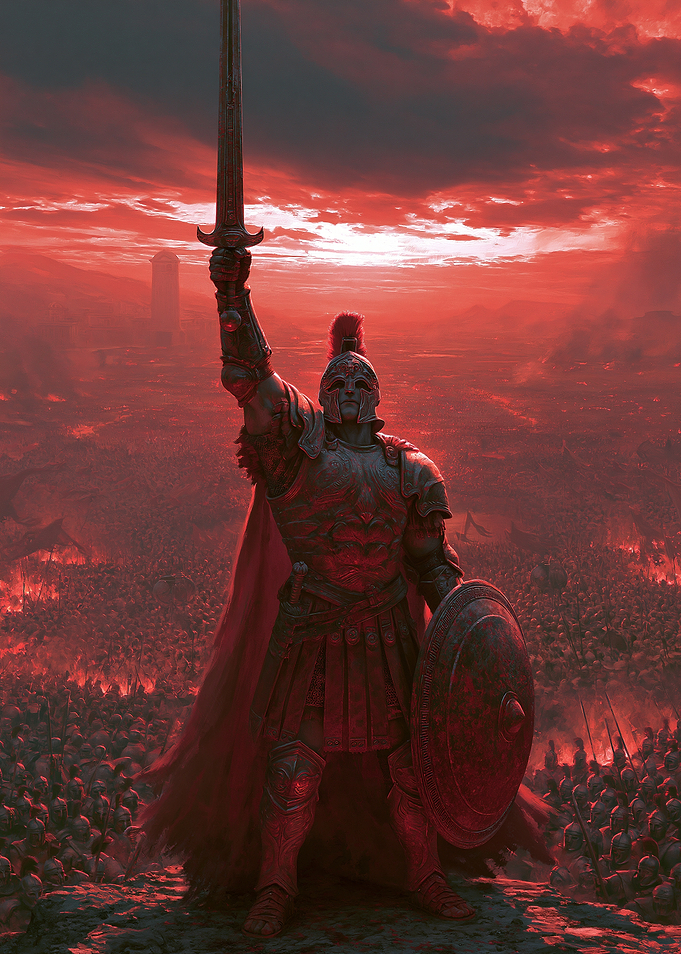 Warrior Raising Sword Over Army