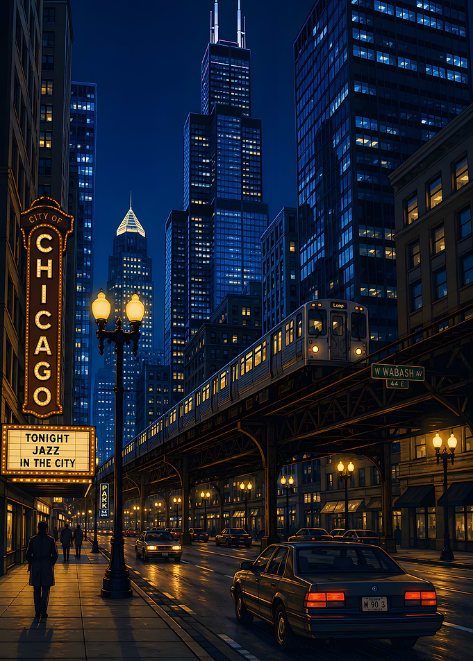 Chicago El Train at Night