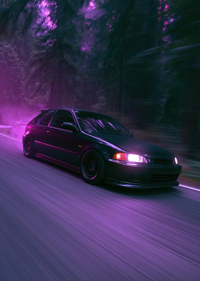 Dark Car Driving Through Purple Forest