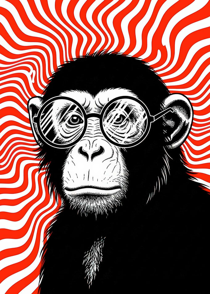 Chimpanzee wearing glasses with psychedelic background