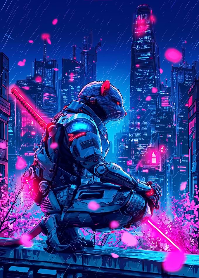 Cyberpunk Rat Warrior in Neon City