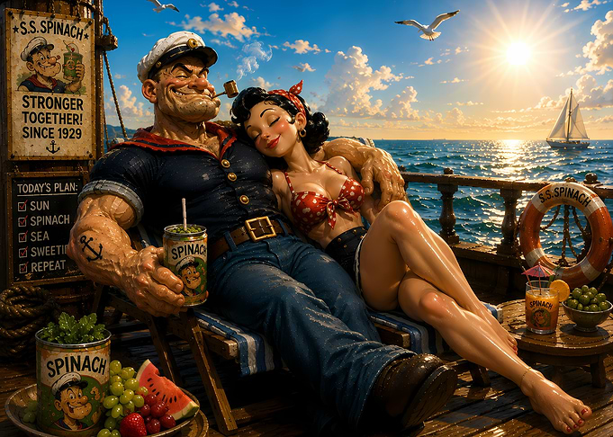 Popeye and Olive Oyl relaxing on a boat