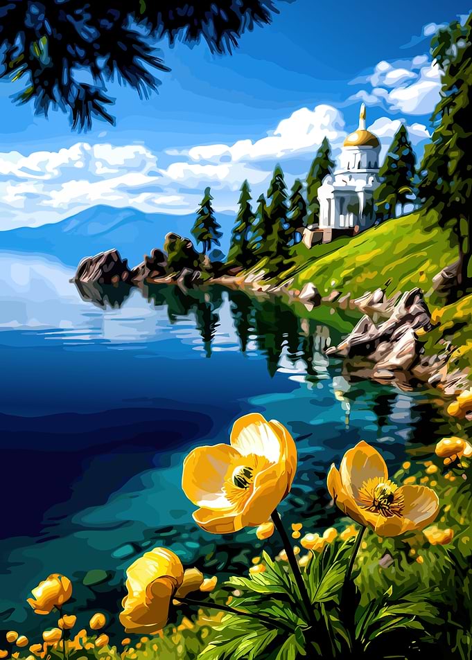 Serene Lakeside Landscape with Church and Flowers