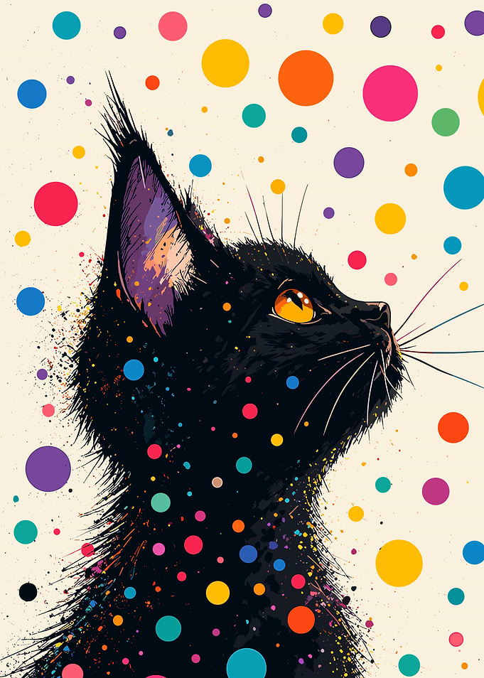 Black Cat with Colorful Polka Dots