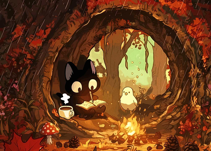 Cute Cat and Bird in a Cozy Den
