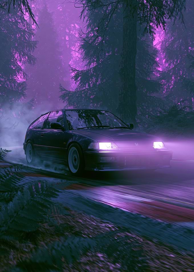 Drifting Car in Purple Forest