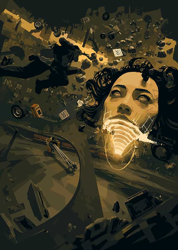 Control Resonant Surreal Scene of a Giant Head and Falling Debris