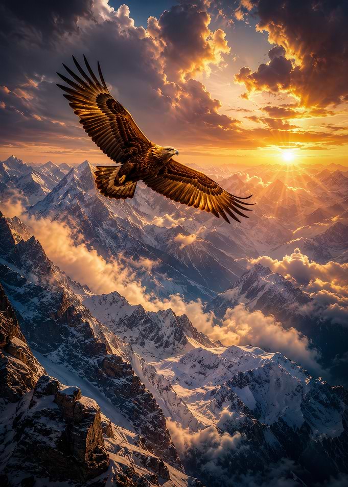 Eagle soaring over snowy mountains at sunset