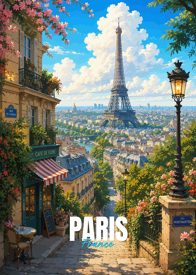 Parisian Cafe with Eiffel Tower View