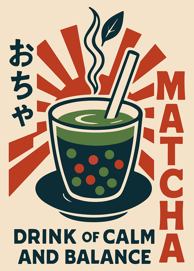 Retro Matcha Boba Tea Poster Japanese Aesthetic Calm Drink Wall Art