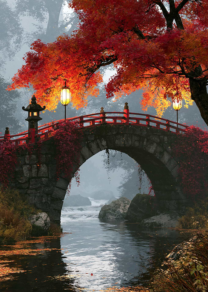 Autumn bridge with lanterns and river