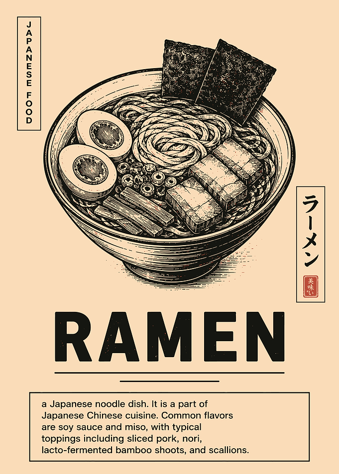 Vintage Ramen Poster Japanese Food Illustration Retro Menu Style Wall Art
