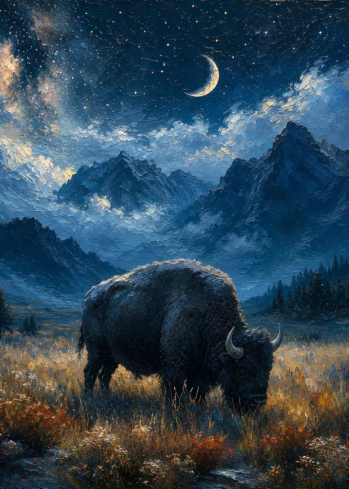 Bison Under a Crescent Moon