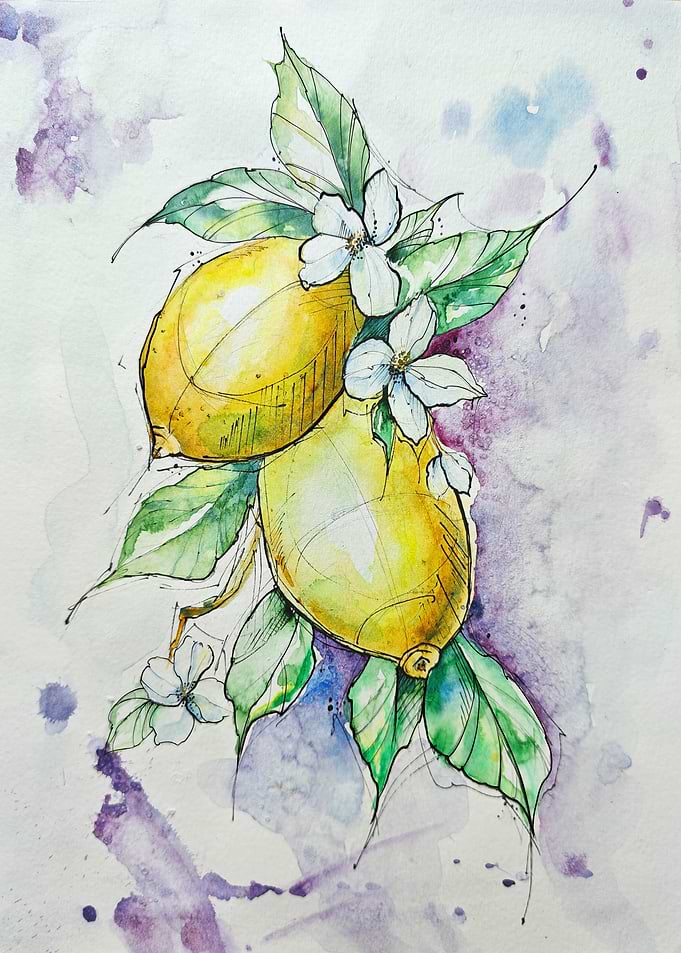 Watercolor Lemons with Blossoms