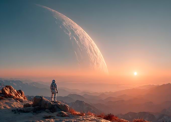 Astronaut overlooking alien landscape