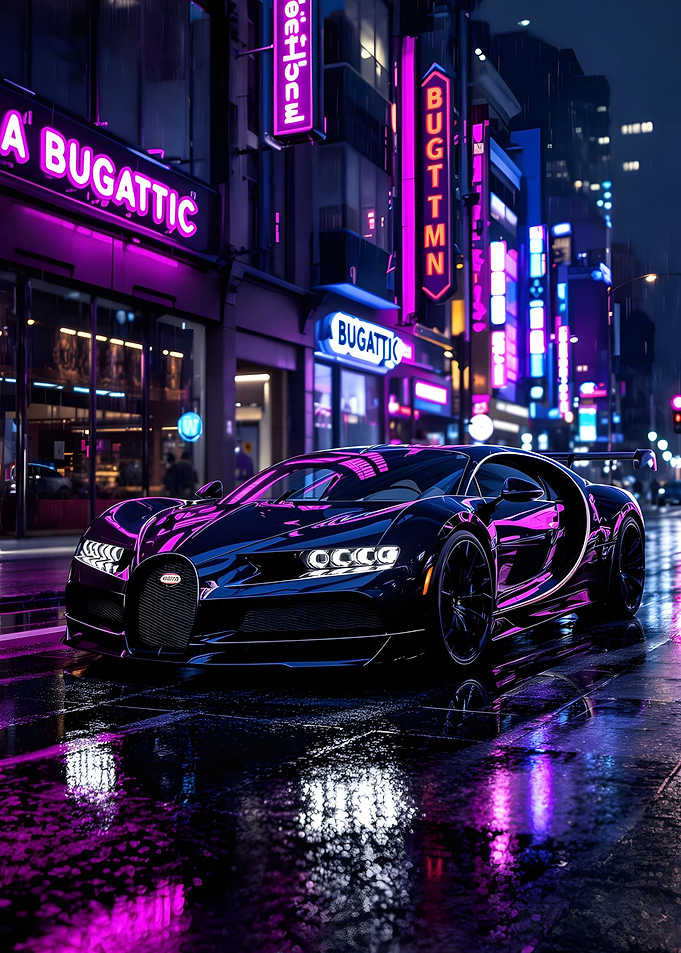 Cyberpunk Bugatti on Wet City Street