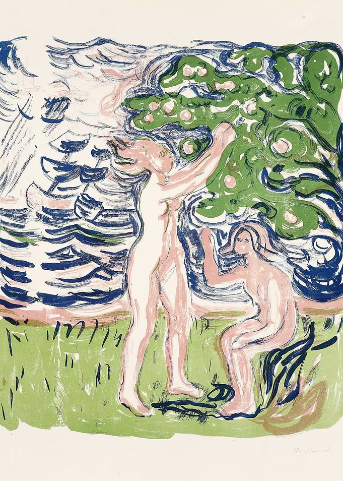 Naked figures by an apple tree