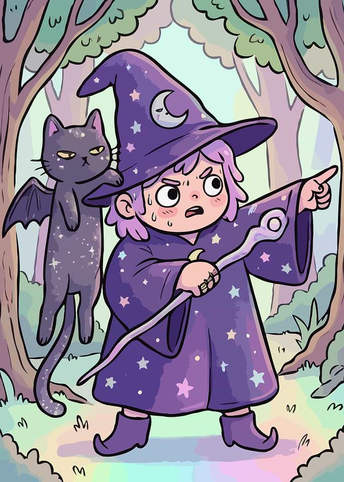 Wizard and Bat Cat in Forest