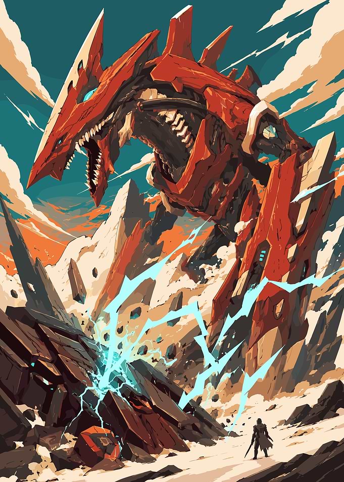 Warframe Giant Red Mech Dragon Attacks Rocky Landscape