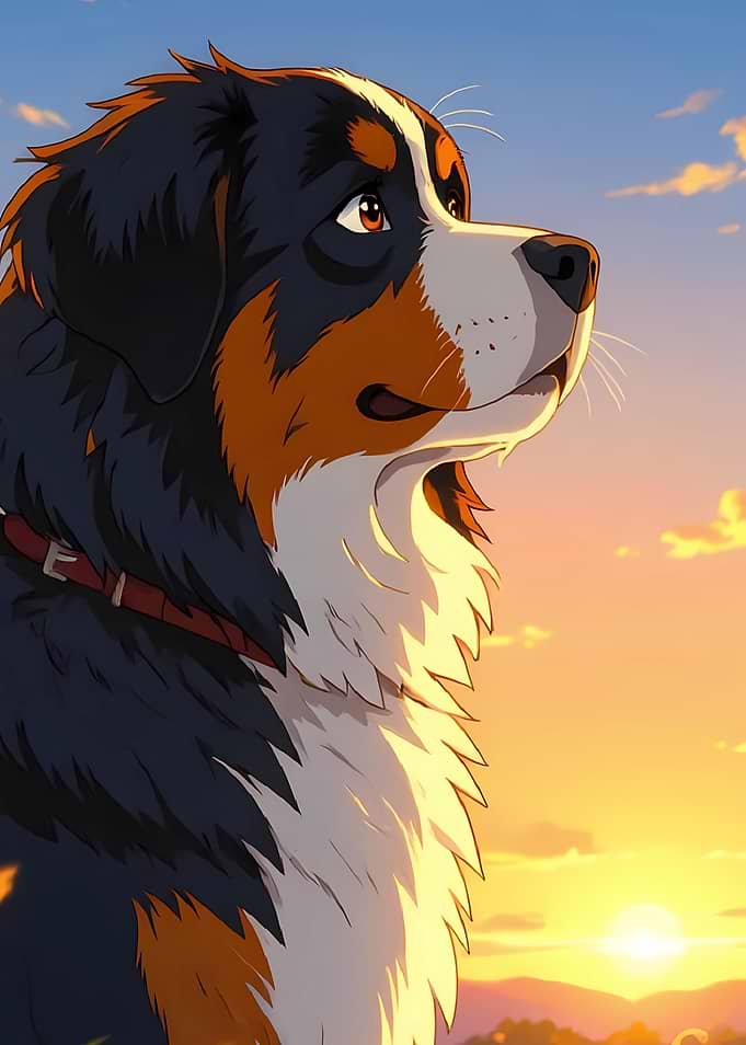 Bernese Mountain Dog at Sunset