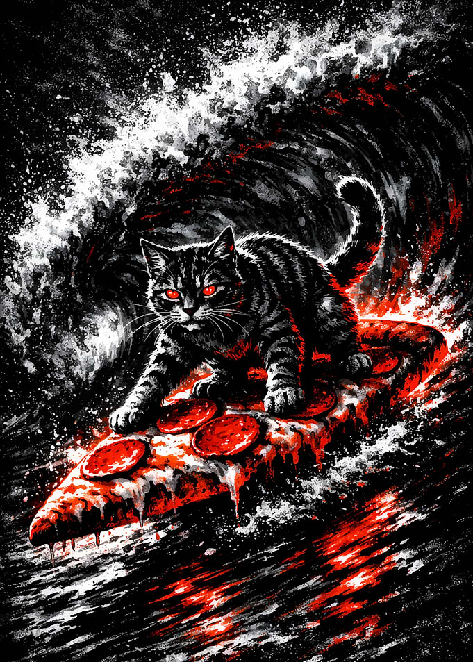 Cat Surfing Pizza on a Wave