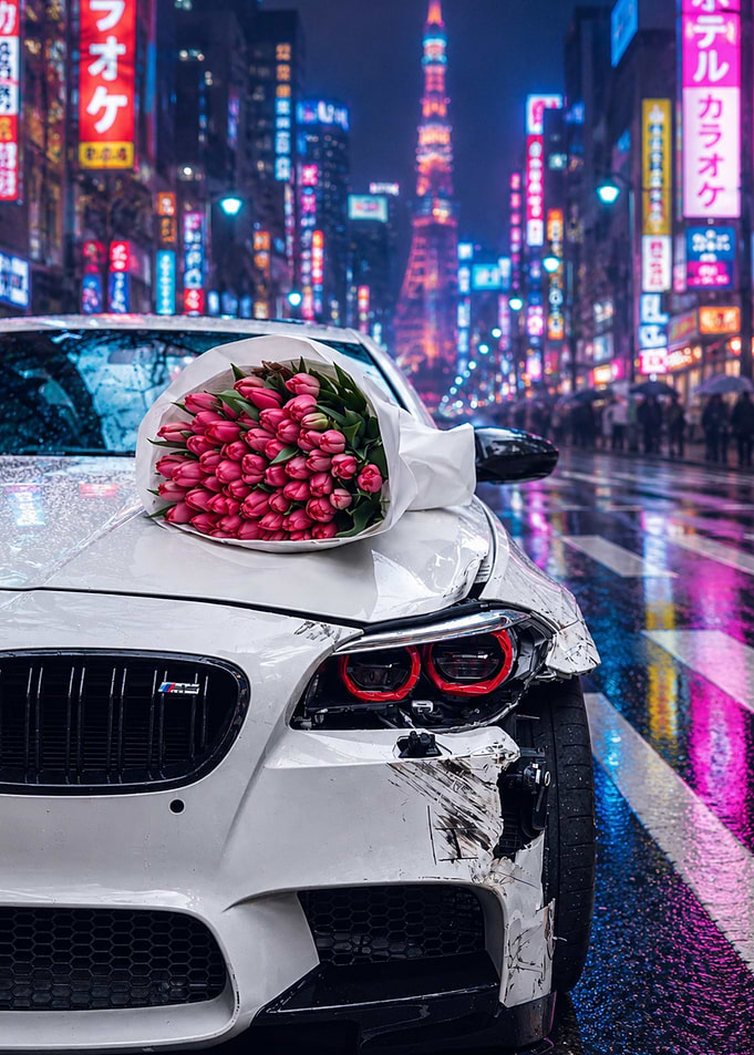 Damaged Car with Tulips in Neon City
