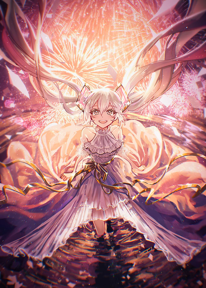 Girl in White Dress with Fireworks