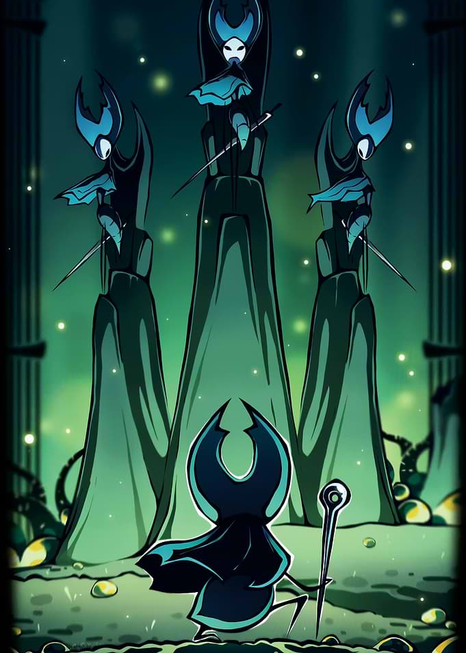 Hollow Knight Characters in a Dark Setting