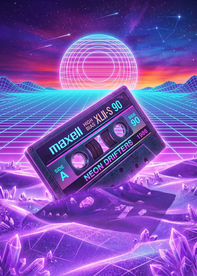 Retro Cassette Tape in Neon Landscape