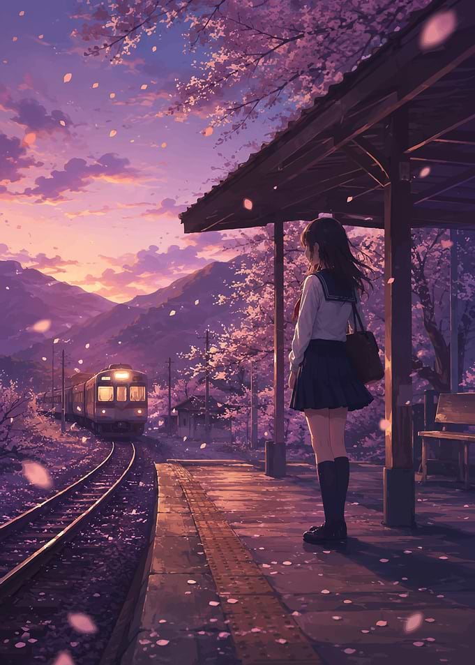 Anime girl at train station during sunset